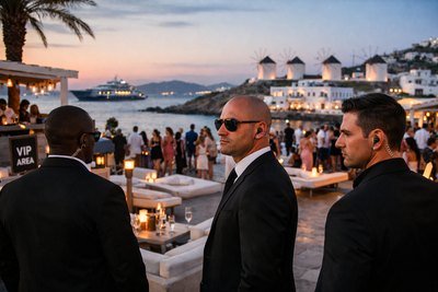 Three members of our security team in dark suits at the VIP area of an evening event in Mykonos, with the windmills and a yacht behind them.