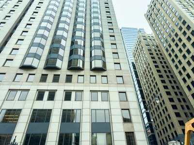 Office buildings seen from street level.