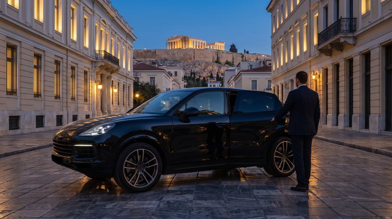 AI-generated image: a black luxury SUV with its chauffeur on a neoclassical street in Athens at dusk, the Acropolis lit at the end of the street.