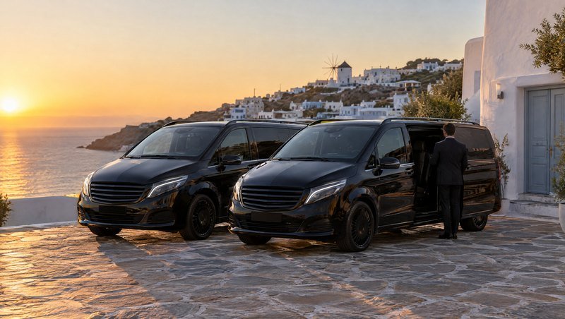 AI-generated image: two black chauffeur-driven vans outside a whitewashed house in Mykonos at sunset.