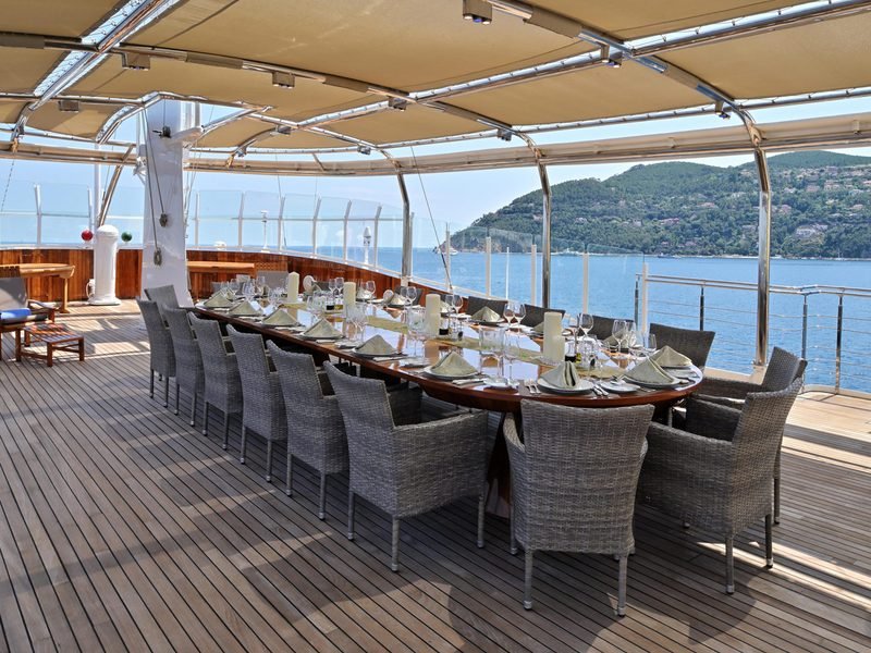 Al-fresco dining table laid under a cream awning, coastline beyond the polished teak rail